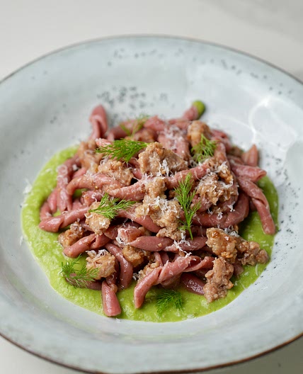 Fusilli with broccoli and salciccia (Italian sausages)