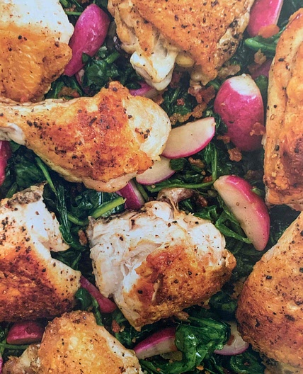 Crispy chicken with sauteed radishes, spinach and bacon