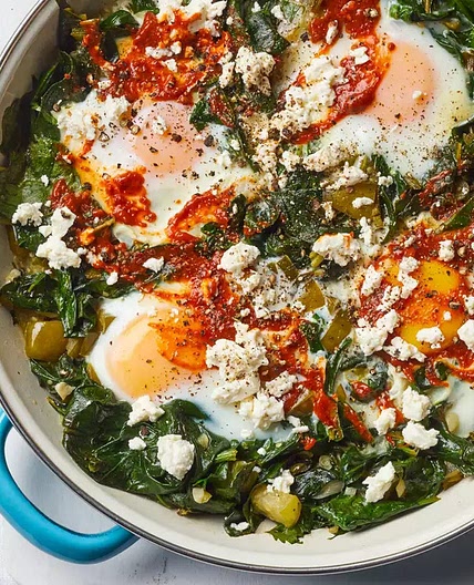 Skillet Eggs with Tomatillos & Spinach