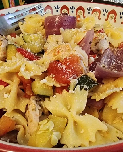 Roasted veggies, with pasta, and sauteed chicken