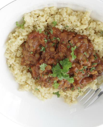 Stew lentils on a bed of bulgar wheat