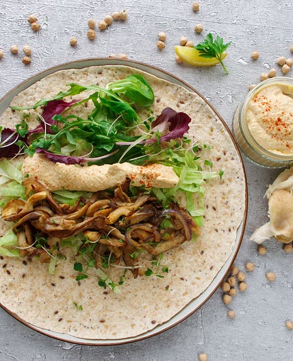 Oyster mushrooms and hummus wrap