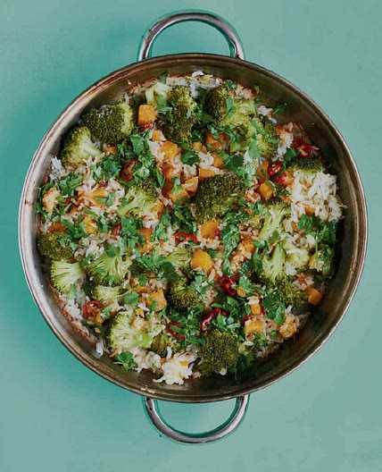 All-in-one sticky rice with broccoli, squash, chilli and ginger