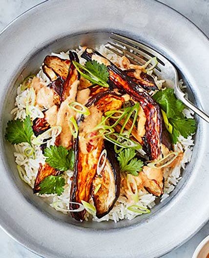 Roasted aubergine with chilli peanut dressing