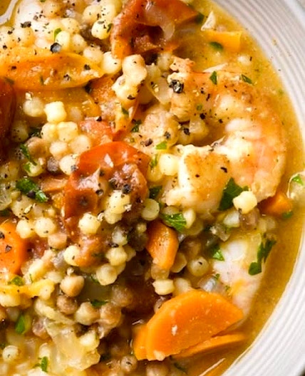 Moghrabiyeh Soup with Shrimps