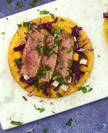 Air Fryer Tuna Steak Tostadas with Jicama Slaw