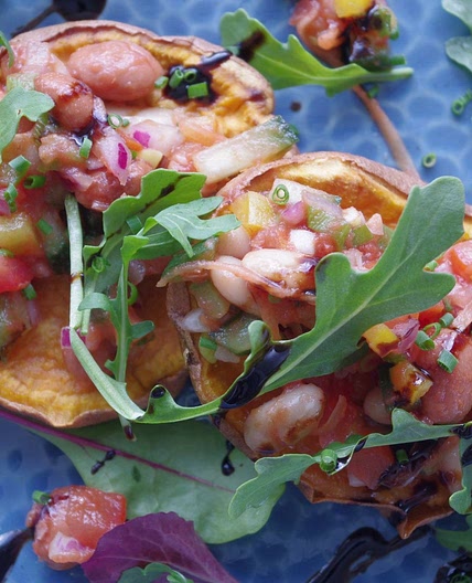 Bean salsa on a baked sweet potato
