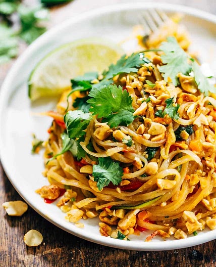 Rainbow Vegetarian Pad Thai with Peanuts and Basil