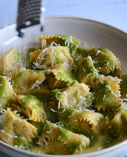 Chicken Agnolotti with basil pesto and lemon