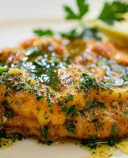 Chicken schnitzel with lemon garlic butter sauce