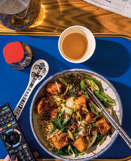 Teriyaki tofu and green vegetable rice bowl recipe