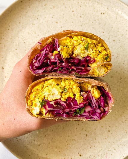 Curry Shredded Tofu Burrito with Cabbage Slaw (vegan)