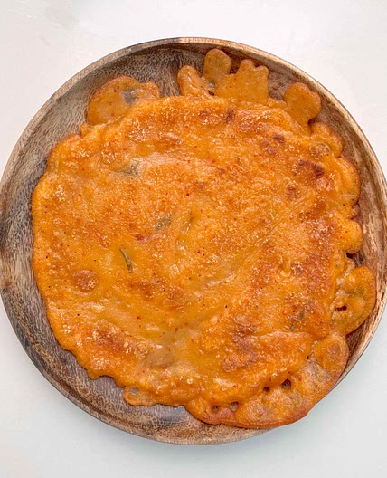 Kimchi juice jeon (Korean pancake)