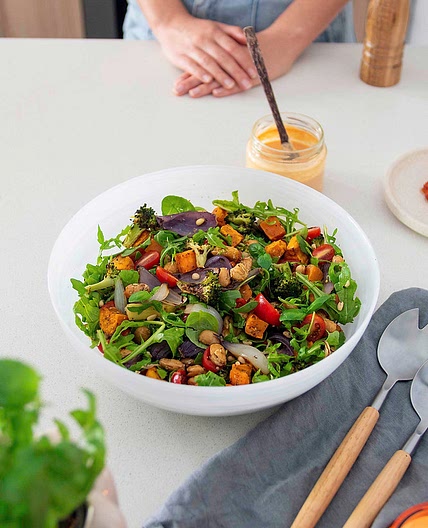 ROASTED SWEET POTATO & BUTTER BEAN SALAD WITH SUN-DRIED TOMATO DRESSING
