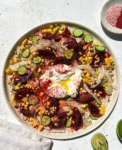 Burrata With Blood Orange, Fennel, Corn And Ooray Powder