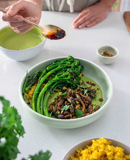 SHREDDED MUSHROOMS WITH CORIANDER DIP & BROCCOLINI