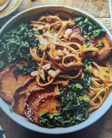 Saucy Garlic Peanut Noodles with Sesame Sweet Potatoes