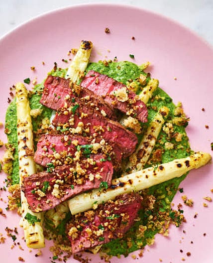 White Asparagus, Steak and Watercress Sauce