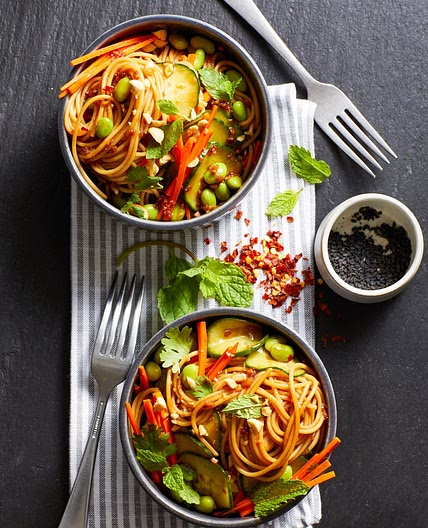 Spicy Noodles with Edamame, Cucumber, and Peanuts