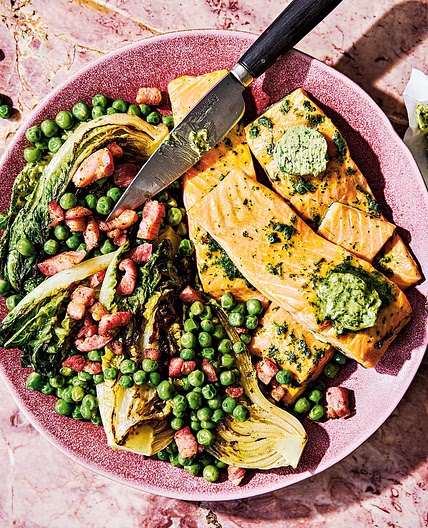 Trout fillets with herb butter, lettuce, peas and bacon recipe