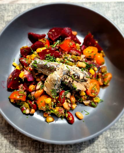 Mixed Bean, Sardines, and Beetroot Herb Salad
