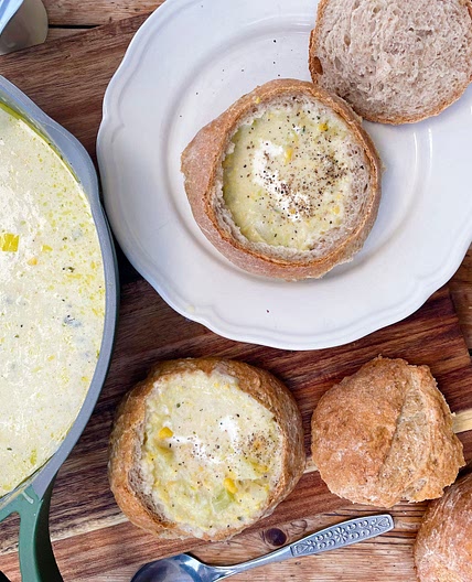 sweetcorn chowder in crusty bread bowls - Dom in the Kitchen