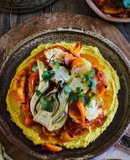 Tomato Curry, Roast Veg and Turmeric Hummus