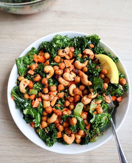 Kale Salad with Crispy Chickpeas & Cashews