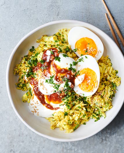 Spiced Cauliflower Rice Bowls with Soft Eggs and Chutney