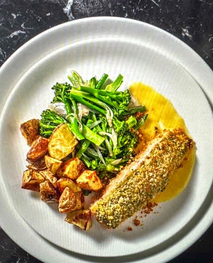 Pesto crusted salmon and lemon butter sauce