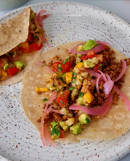 Cauliflower & Walnut "Meat" Tacos with mango salsa (vegan, gluten free)