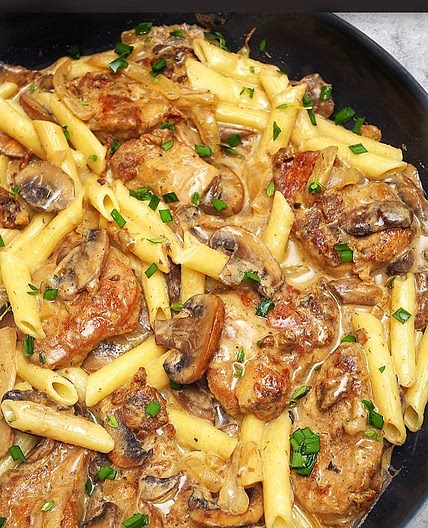 Pork Tenderloin in Creamy Mushroom Sauce and Pasta dinner