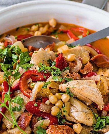 Sherry-braised chicken with chorizo and chickpeas