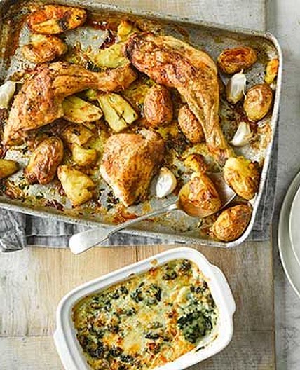 Roast chicken with squashed new potatoes & cheesy creamed spinach