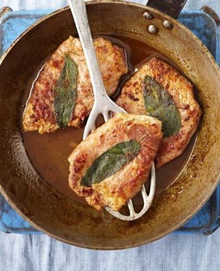 Veal escalopes wrapped with prosciutto, sage & lemon (saltimbocca)