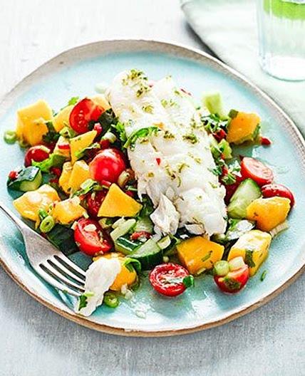 Cod with cucumber, avocado & mango salsa salad