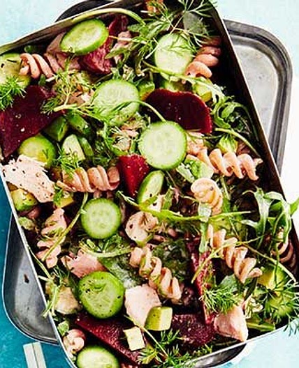 Scandi beetroot & salmon pasta