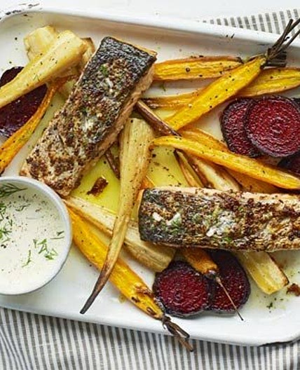 Mustard salmon & veg bake with horseradish sauce