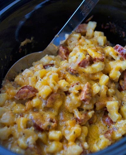 Crockpot Hashbrown Casserole with Smoked Sausage