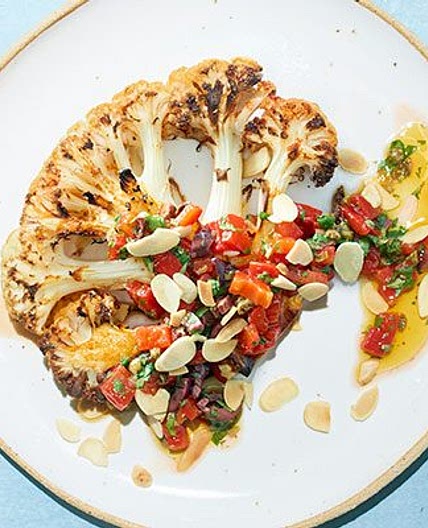 Cauliflower steaks with roasted red pepper & olive salsa