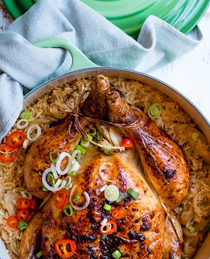 One-pot koji roast chicken with garlic and ginger rice