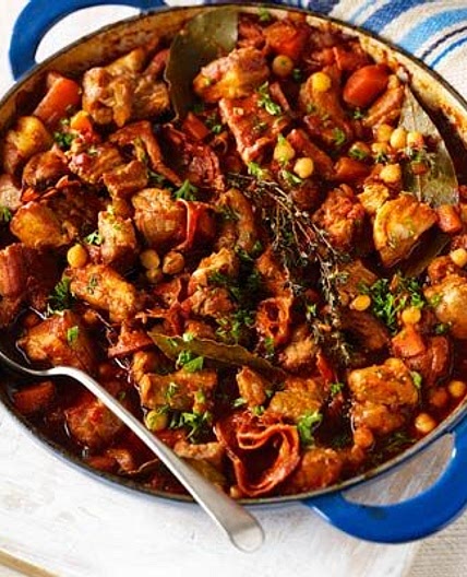 Chorizo, pork belly & chickpea casserole