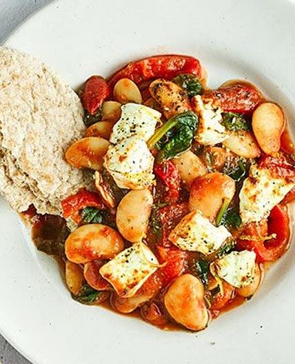 Crispy grilled feta with saucy butter beans