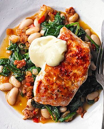 Smoky hake, beans & greens