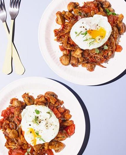 Mushroom hash with poached eggs