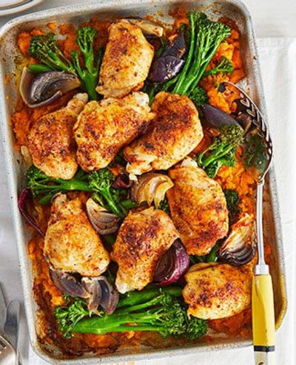 Piri-piri chicken with smashed sweet potatoes & broccoli