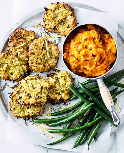 Cheesy zucchini fritters with pumpkin and buttermilk mash