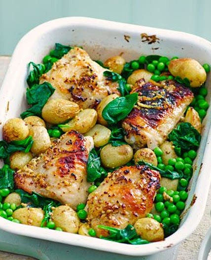 Honey & mustard chicken thighs with spring veg