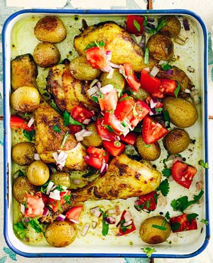 Curried chicken & new potato traybake