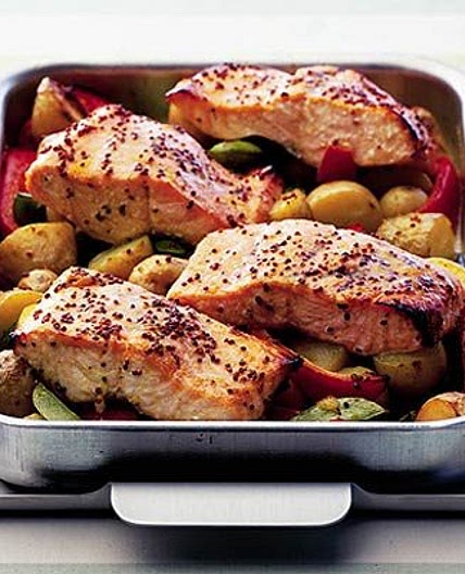 Sweet mustard salmon with garlicky veg
